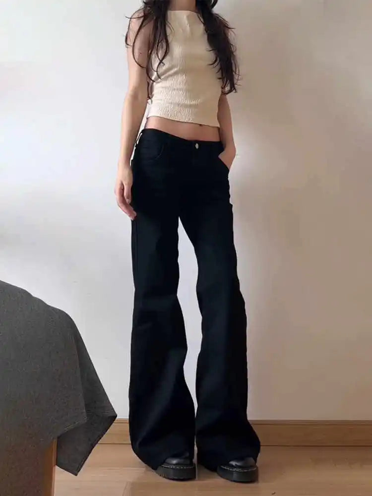 Women Gyaru Japanese Harajuku Trashy Y2K Black Jeans Low Rise Flare Denim Pants 2000s Bell-Bottom Trousers Kpop Grunge Stylish