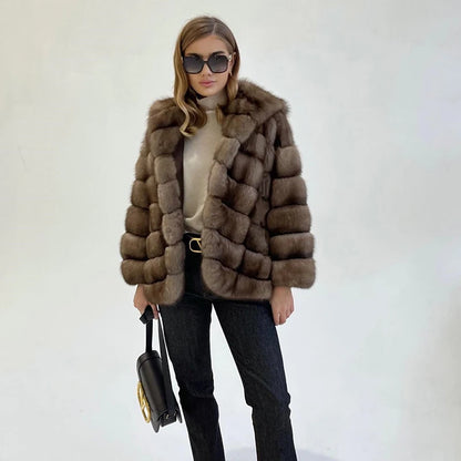 Natural Mink Color Hooded Fox Fur Coat Women Streetwear Casual Loose Cozy Outertwear Genuine Luxury Real Fur Jacket