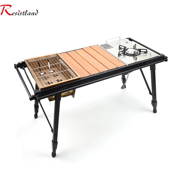 Camping Folding Removable IGT Wood Table Gas Stove  Portable lightweight Camp BBQ Grill Table Outdoor Picnic Fishing table