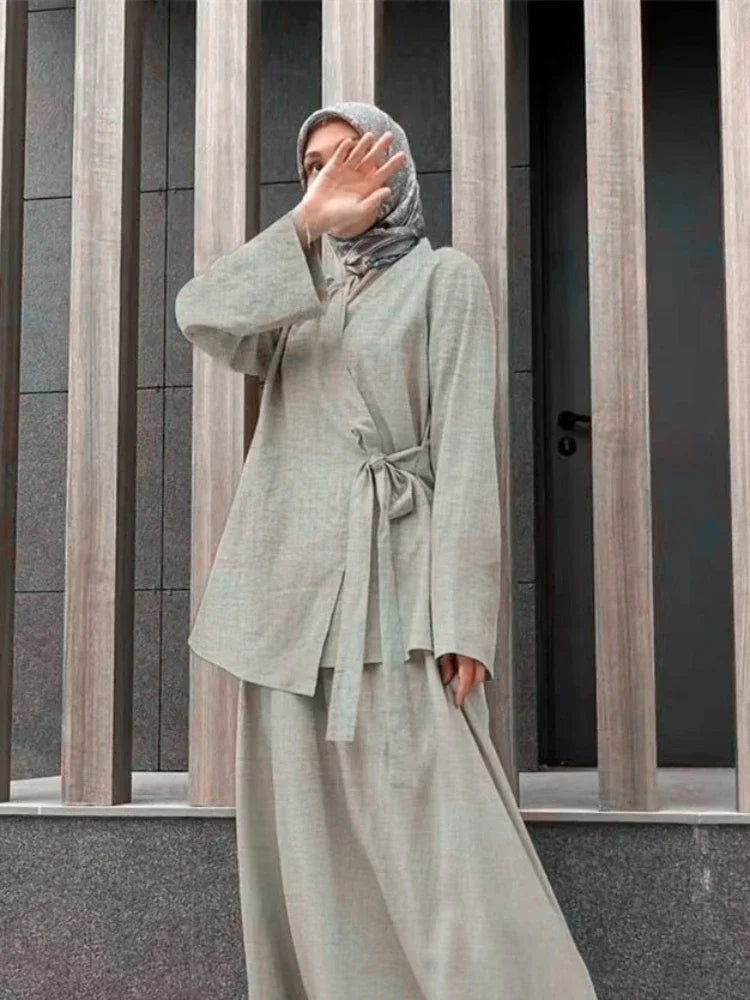 Ramadan Eid Two Piece Sets Shirt &Pants Women Muslim Suits Shirt Blouse Musulman Ensembles Moroccan Kaftan Islamic Outfit Sets