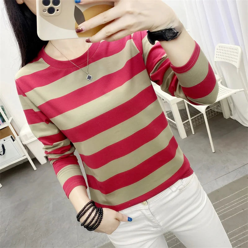 Autumn Loose Pure Cotton Long Sleeve T-shirt Women Clothing Middle-aged Mom Base Shirt Striped Top