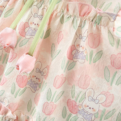 Summer Covered In Tulip Flowers Rabbit Little Flying Sleeve Dress For Kids Girl Cute Princess Dress For Baby Kids