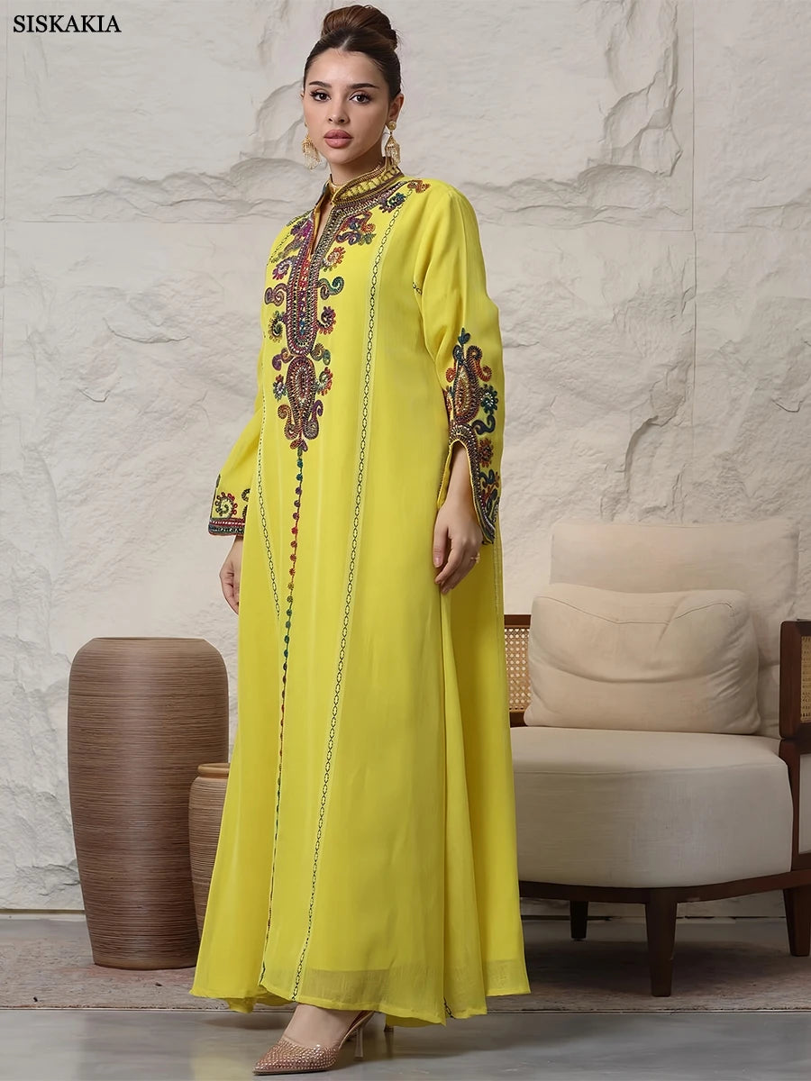 Siskakia Embroideried Luxurious Women's Evening Dress With Long Sleeves V-Neck Fashion Elegant Abayas With Belt Marocain Femme