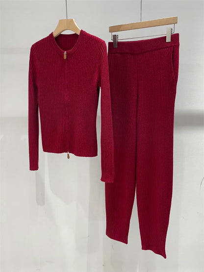 Women's Cashmere Pants Suit Knit Cardigan Top +  Elastic Waist Straight Trousers 2 Piece Set Autumn Winter New