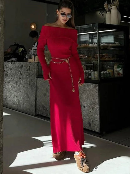 Tossy Fashion Knit Long Dress Off-Shoulder Female Ribbed Loose High Waist Elegant Autumn Party Dress Ladies Knitwear Maxi Dress