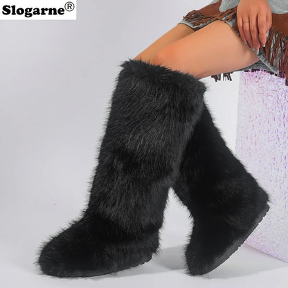 Women New Faux Fox Fur Long Boots Knee High Light Colour Fur Snow Boots Ladies Platform Push Shoes Drop Shipping Winter Shoes