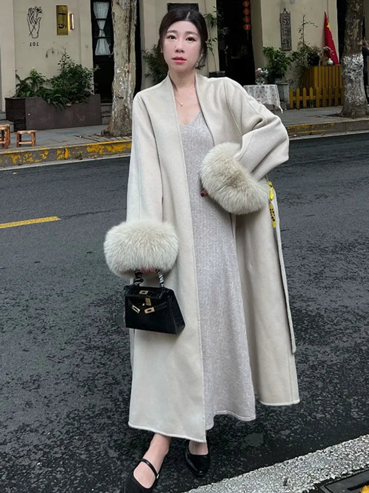 2025 Vintage Wool Blend Coat With Belt Long Women's Elegant Warm Coat Women's Winter Clothes Fashion Outerwear Trench Coat