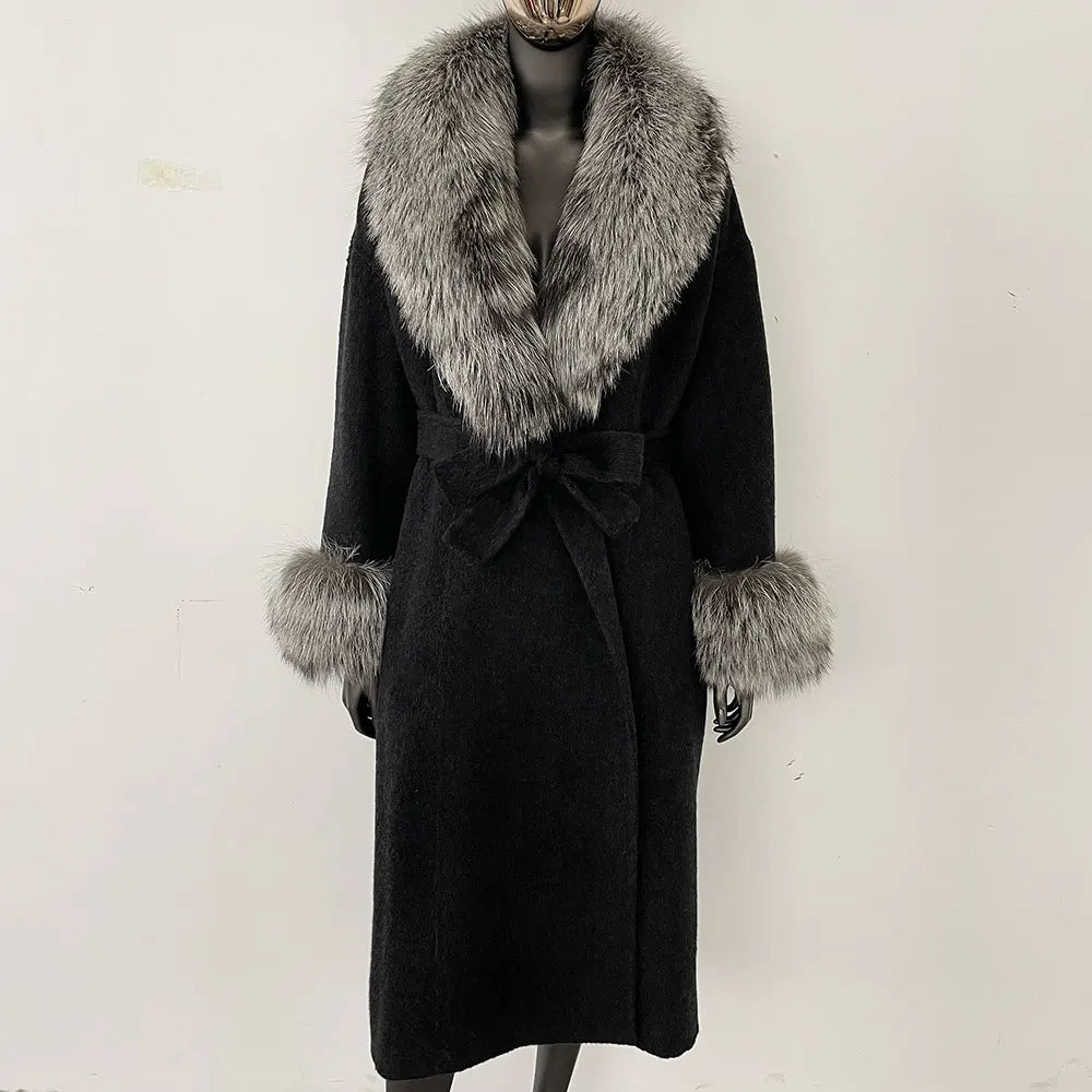 Wool Coat Women New Autumn Winter Real Fox Fur Jacket Female Long Warm Natural Fox Fur Collar Fur Cuffs