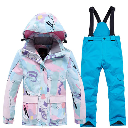 Fashion Printed Skiing Jacket + Bib Pants Snowsuits 2-Piece Boys Girls Hooded Winter Warm Windproof Snowboarding Wear