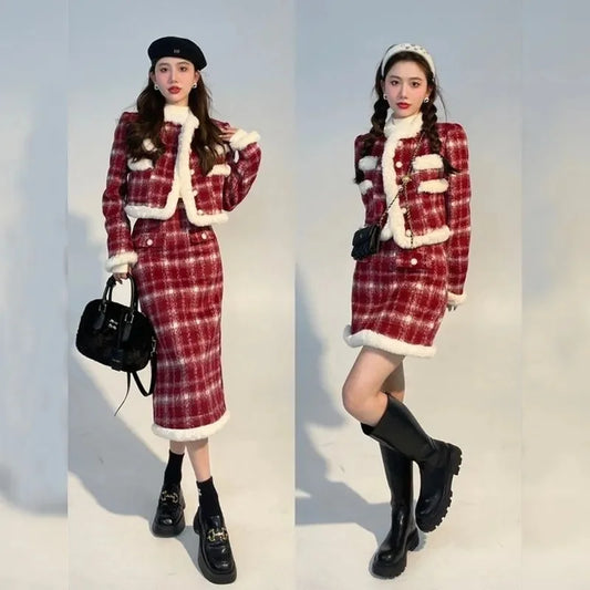 Wool Skirt Set Lady Christmas Knot Day Atmosphere Checkered Coat With Skirt Suits Autumn/Winter Red Grid Hairy Small Fragrant