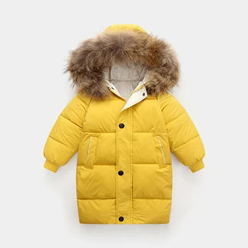 Winter Girls Down Jacket Keep Warm Fur Collar Fashion Little Princess Coat Hooded Boys Long Parkas Outerwear Children Clothing