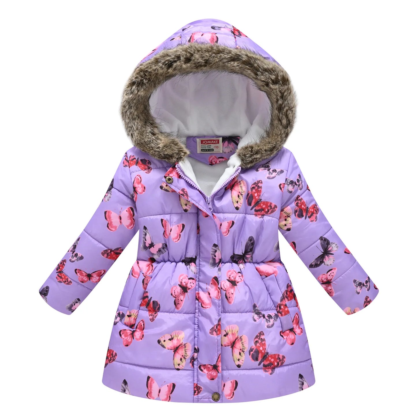 Autumn Winter Girls Jacket Keep Warm Fur Collar Fashion Prints Little Princess Coat Hooded Zipper Girls Outerwear Kids Clothes