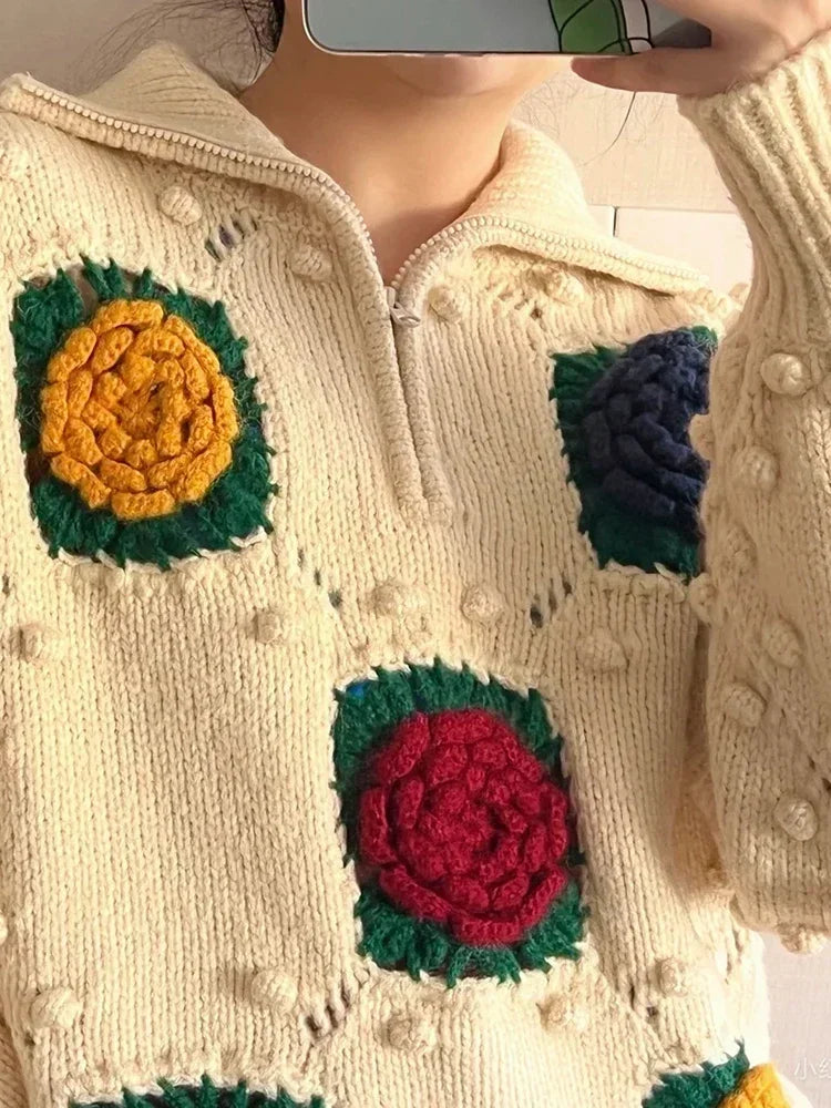 Women Vintage Flower Crochet High Neck Long Sweater Fall Winter Loose Jumper Cozy Sweater Retro Outfit