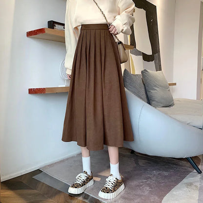 Lucyever Vintage Brown High Waist Pleated Skirt Women Korean Fashion College Style Long Skirt Ladies Autumn Casual A line Skirts