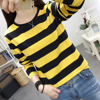 Autumn Loose Pure Cotton Long Sleeve T-shirt Women Clothing Middle-aged Mom Base Shirt Striped Top