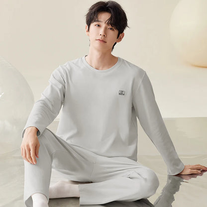 Men Pajamas Solid Color Casual Long Sleeves Long Pants Autumn Winter Simple Sleepwear Cozy Pijamas Soft Pyjamas Boys Nighty Male