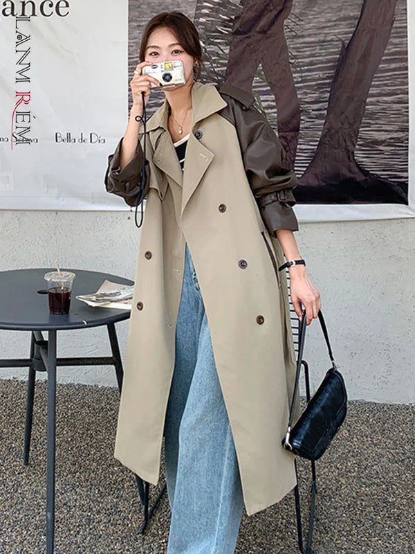 LANMREM Vintage Long Trench Coat Women Lapel Leather Spliced Sleeves Belt Double Breasted Windbreaker 2025 Spring New 2AA2586