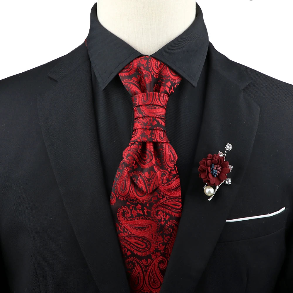 New Men's Premium Paisley Tie Brooch Set Red Black Blue Ajustable Neck Tie Luxury Classic Suit Tuxedo Groom Wedding Accessories