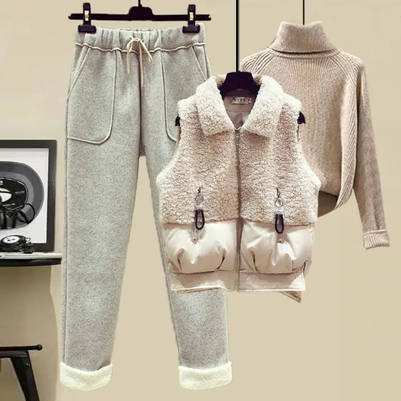 Autumn and Winter Women's Suit Lamb Wool Vest Thickened Cashmere Sweater High Waist Casual Woolen Trousers Three Piece Set