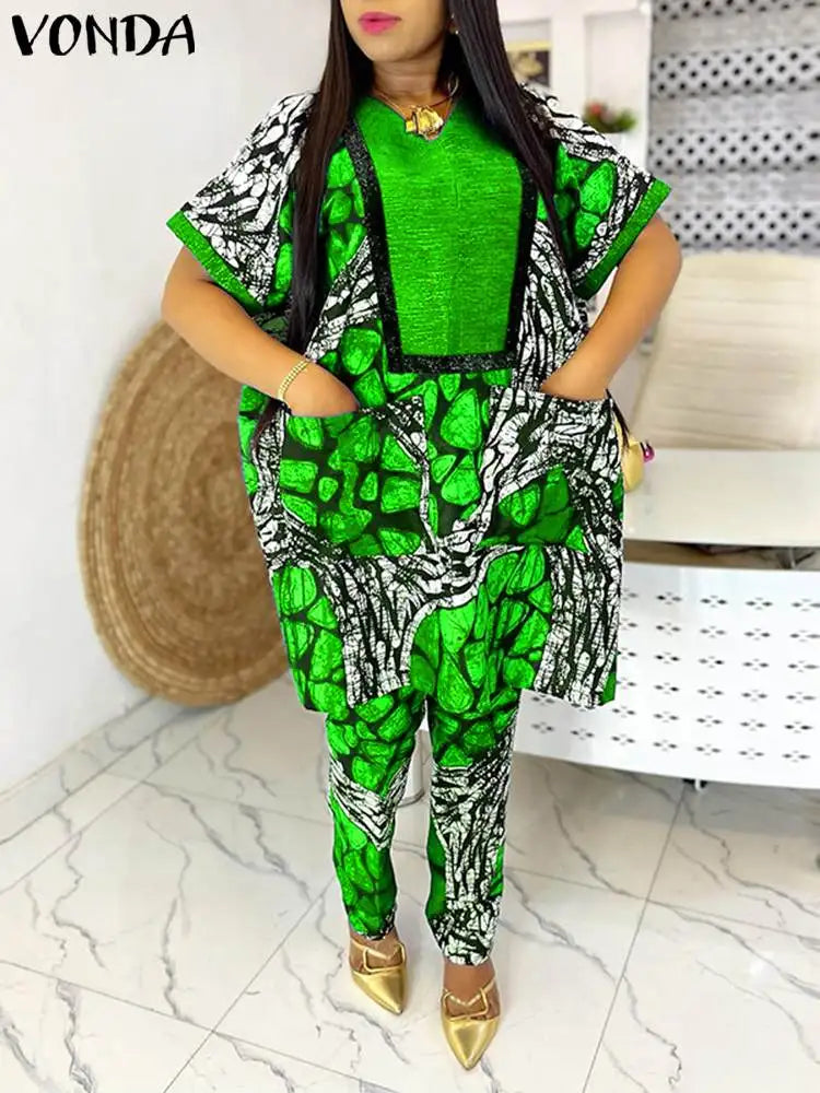 Plus Size 5XL VONDA Women Pants Sets Elegant Matching Sets Short Sleeve Print Blouse Trousers Sets 2025 Casual Baggy Suits