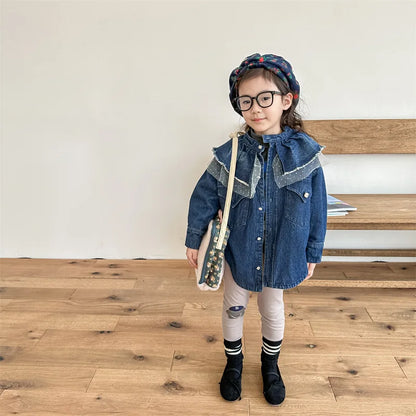 2025 Winter Autumn Little Girls Denim Jacket Korean Style Children's Warm Long Sleeve Coat Tops Kids Lace Blouse Cardigan Jacket