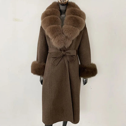 Wool Coat Women New Autumn Winter Real Fox Fur Jacket Female Long Warm Natural Fox Fur Collar Fur Cuffs