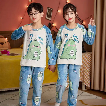 Children Winter Cartoon Pajamas Flannel Sleepwear Girls Nightwear Coral Fleece Kids Pijamas Homewear Boys Pyjama Teenage Clothes