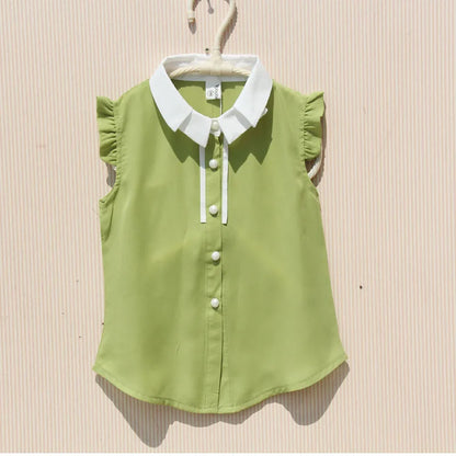 Korean Children Girls Shirts Summer Chiffon Cool Tops Teenage Girls Ruffle Blouse Kids Sleeveless Turn-down Collar Vest Shirts