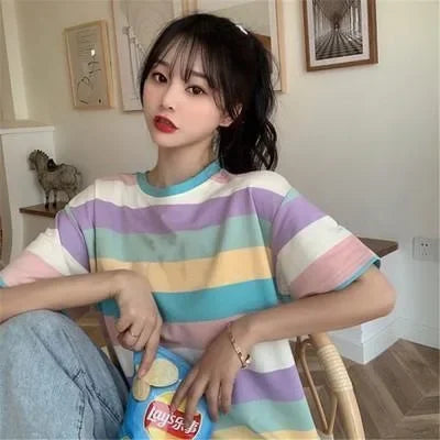 Spring Summer New Arrival Korean Style Rainbow Casual Loose Fit Short Sleeve T-shirt Women's Trendy Student Top Wholesale