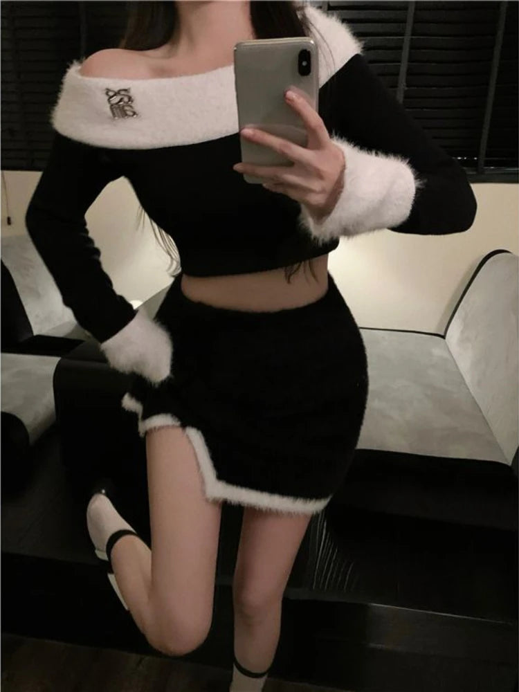 Winter Sexy Wool Vintage Two Piece Set Women Korean Fashion Warm Y2K Party Set Female Off Shoulder Slim Mini Skirt Suit