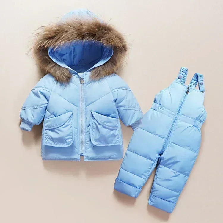 Children Down Jacket Clothing Sets -30 Degrees Winter Girl Duck Down Jacket + Overalls Kids Warm Suit Toddler Boys Coat Jumpsuit