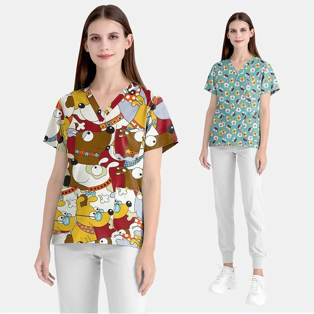 Cartoon Print Women Scrubs Uniform Surgical Top Hospital Doctor Surgery Workwear Dental Clinic Costume Pet Grooming Work Clothes