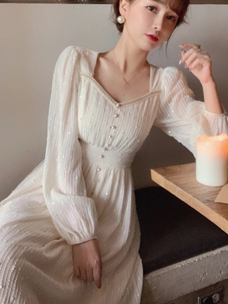 Summer New Women Fashion Elegant White Midi Dresses Vintage Princess Female Party A Line Clothes Prom Robe Vestdios