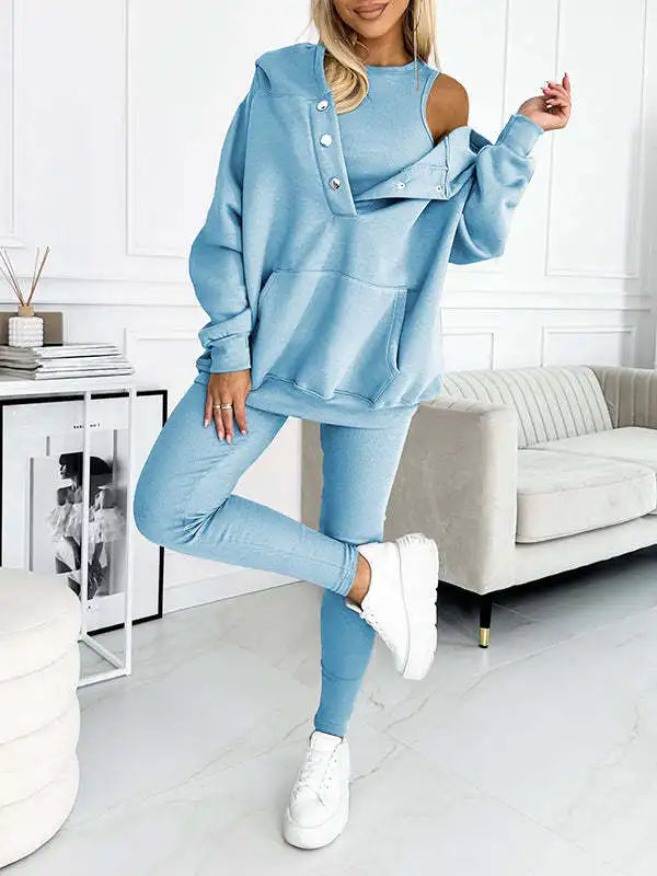 Fashion Hooded Long-sleeved Vest + Sweatshirt Coat + Pants 3-piece Set Women Autumn Winter Solid Color Casual Sports Suit Female