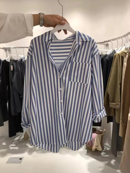 Autumn New Korean Style Loose Casual Free Size Small Fresh Vertical Blue Striped Long-Sleeved Shirt Ladies With Coat Blouse