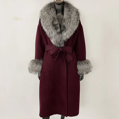 Wool Coat Women New Autumn Winter Real Fox Fur Jacket Female Long Warm Natural Fox Fur Collar Fur Cuffs