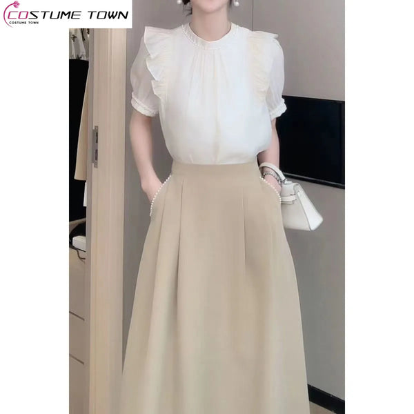 High-end Satin Gentleness Suit Women's Summer New French Stand-up Collar Panel Ruffle Top A-line Skirt Two-piece Set