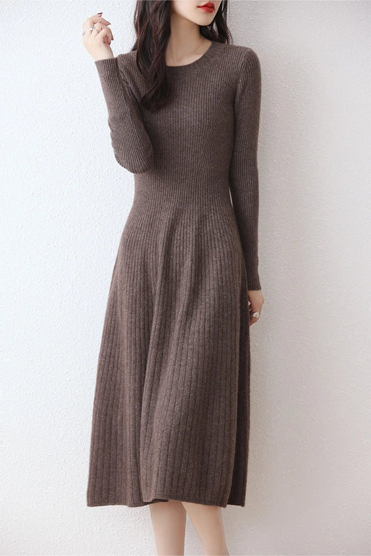 Women's Merino Wool Long Sweater Dress, Round Neck, Striped, Thick, Monochromatic, 100% Merino, Autumn, Winter, New, Official