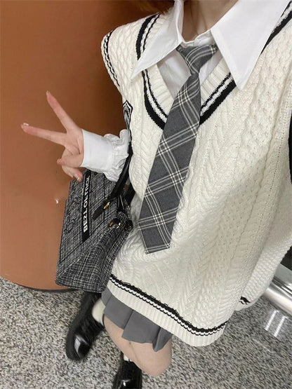 Japanese Cute School Uniform Women Korean Winter Knitting Sweater Skirt Sets V-neck Long Sleeve Jk Uniform School Girl Cosplay