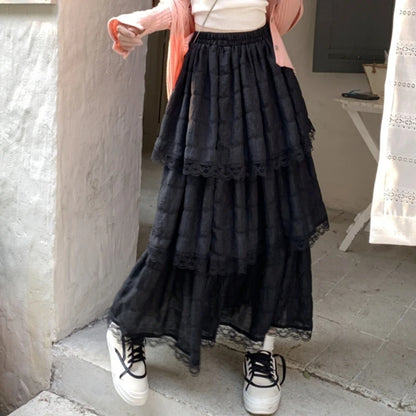 White Black Long Skirt Women Crochet Lace Skirt Goth Lolita Summer High Waisted High Low Ruched Ruffle Pleated Skirts rok