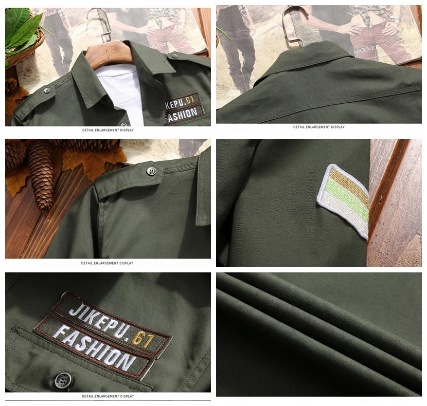 Men's Military Casual Shirt Cotton Khaki Retro Slim Fit Pocket Long Sleeve Streetwear