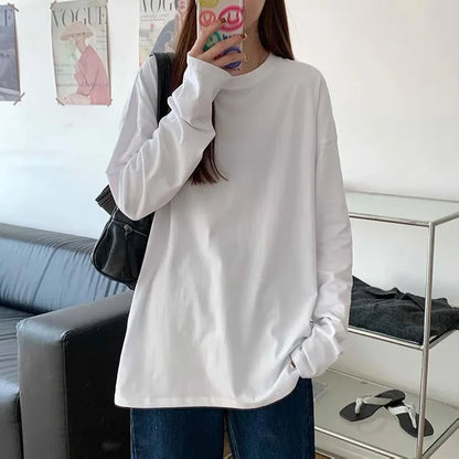 Trendy White Base Layer Long Sleeve T-shirt Women's Loose Fit Crew Neck Autumn New Style Student Top