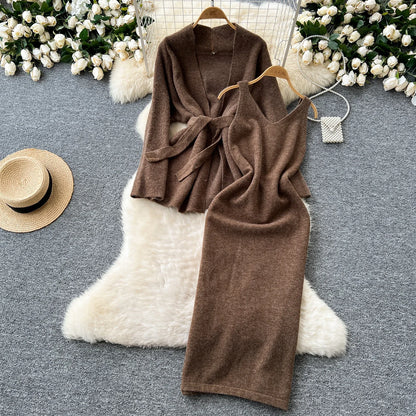 Lazy Style Dress Suit  Women's Inner Base Sleeveless Knitted Dress Strap Waist Long-sleeved Sweater Coat Winter Two-piece Sets