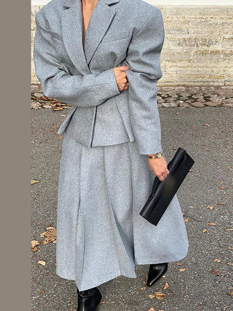 Wide Shoulders Jackets Pleated Skirts Women's Set Elegant Lapel Long Sleeved Jacket With Long Skirt Female Autumn Chic Outfits