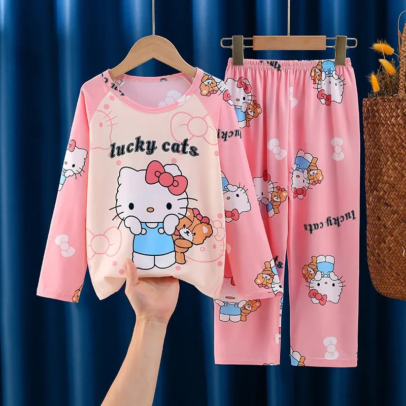 2025 Autumn Kawaii Miniso Children Milk Silk Pajamas Sets Girl Boy Sleepwear Korean Kids Homewear Clothes Cute Anime Loungewear