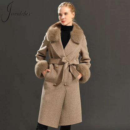 Women's Cashmere Wool Coat Spring Real Fox Fur Collar Woolen Trench Jacket Winter Adjustable Waist Slim Ladies Long Overcoat