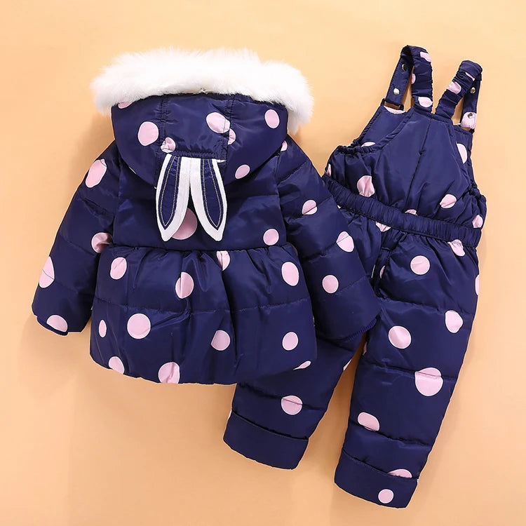 OLEKID 2024 Baby Girls Winter Down Snowsuit Cartoon Rabbit Jacket Coat Overalls Infant Girls Clothes Set 1-4 Years Toddler Suit