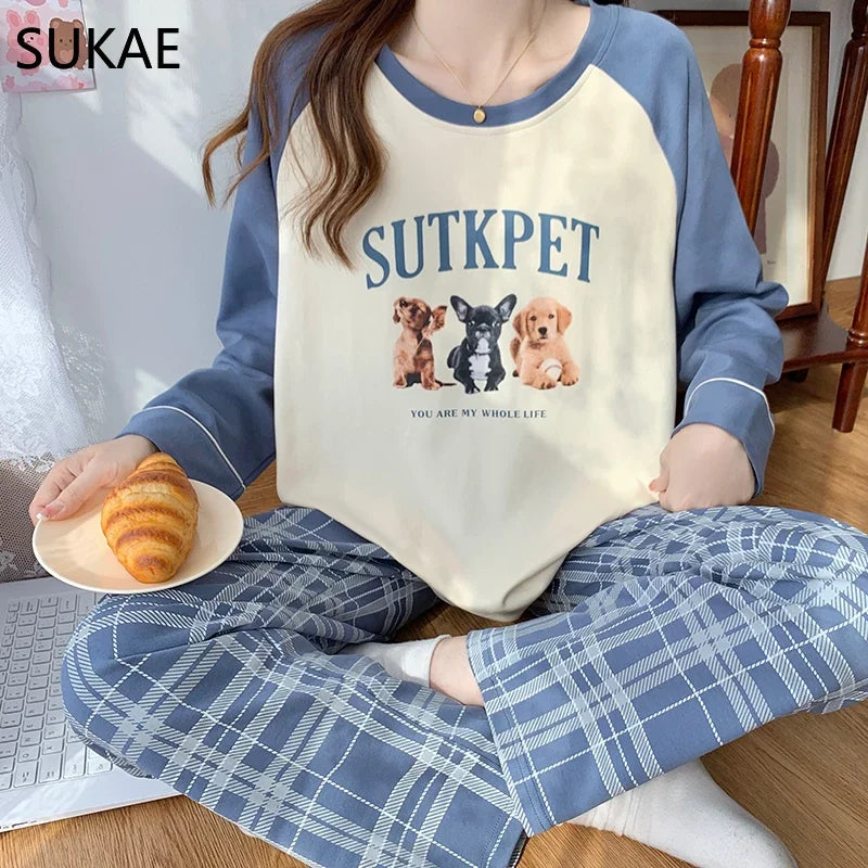 SUKAE Pink Puppy Printing Women Sleepwear Korean New Pajamas Set O-neck Long Sleeve Pijamas Autumn Spring Faux Cotton Nightwear