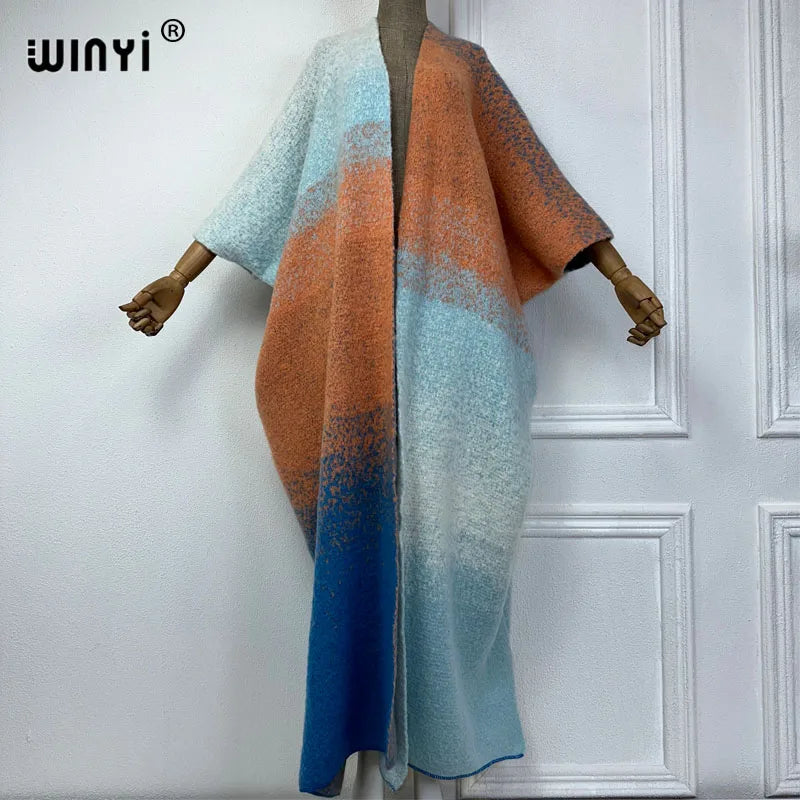 WINYI winter outfits for women Luxury Fur Neutral coat Thick comfortable Warm Gradual print coat poncho long down party dress