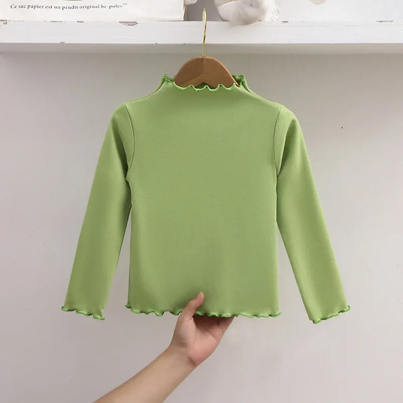 Autumn Winter Fashion Girl Long Sleeve T-Shirt with Ruffle Edges for Kids Soft and Warm Solid Color Children Casual Clothes Tops